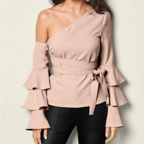 VENUS ONE SHOULDER PINK RUFFLE TOP SIZE 4 - Picture 2 of 3